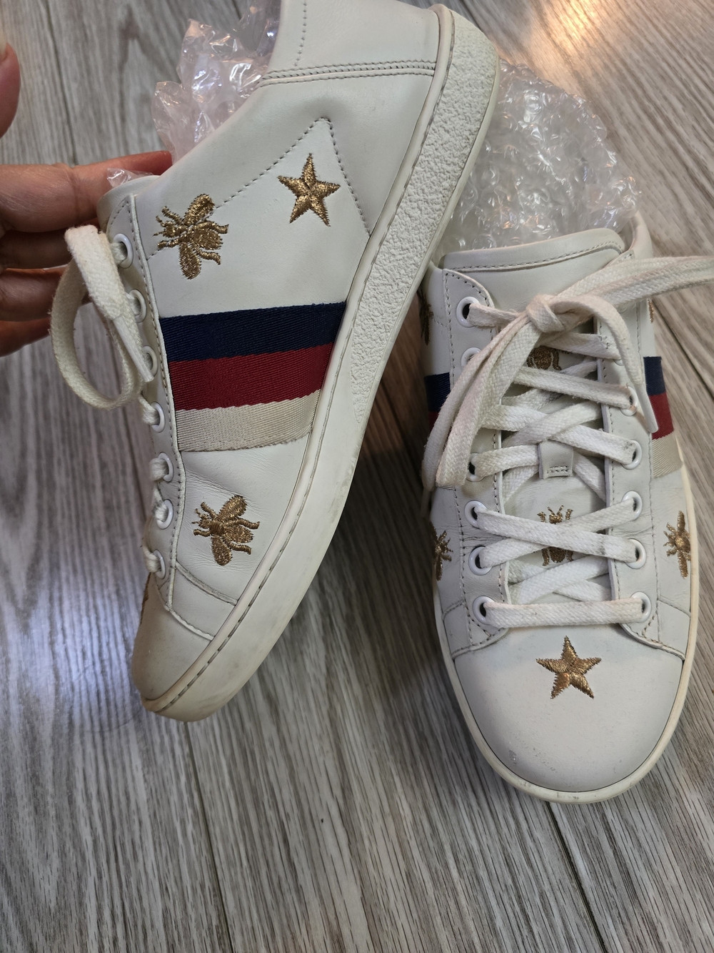 Gucci White Embroidered Bee & Star Sneakers with Red & Navy Stripe